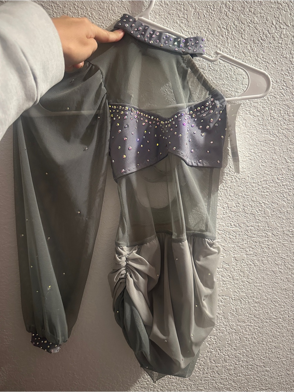 Gray Sheer Mesh Dance Leotard with Rhinestone Accents